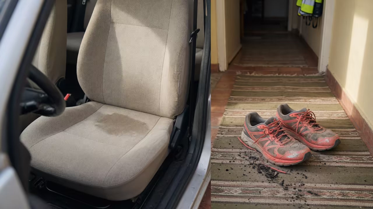 Fotel samochodowy i dywan w przedpokoju po biegu ulicznym — ślad potu na tkaninie fotela, suchy pył z asfaltu przy butach biegowych