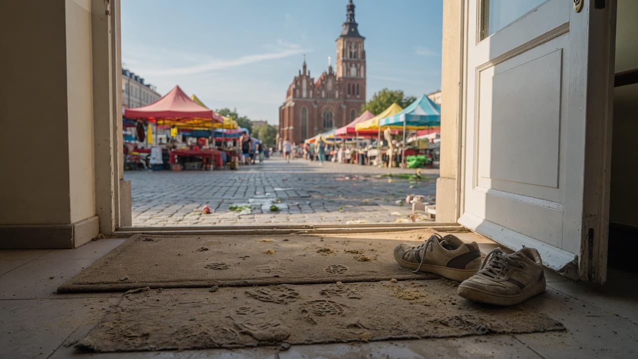 Brudna wycieraczka i buty w progu mieszkania, w tle jarmark na rynku z wieżą kościoła – po Oławskiej Niedzieli
