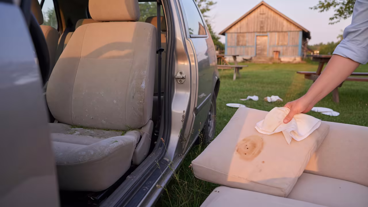 Fotel w aucie i sofa po pikniku w Bystrzycy — ślady po pianie party i tłuszczu z grilla